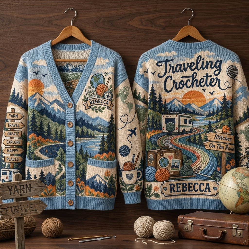 Personalized Traveling Crocheter Oversized Cardigan - Custom Gift for Crafters - mockup 3