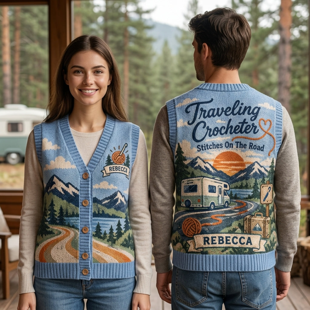 Personalized Traveling Crocheter Cardigan Vest - Custom Name Knit-Look Layer for RV Travel - mockup 1