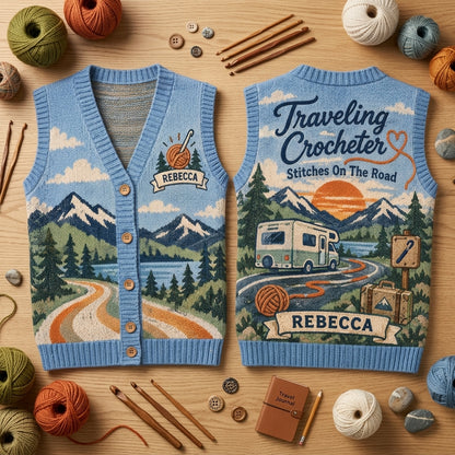 Personalized Traveling Crocheter Cardigan Vest - Custom Name Knit-Look Layer for RV Travel - mockup 2