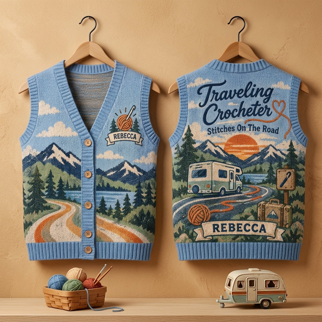 Personalized Traveling Crocheter Cardigan Vest - Custom Name Knit-Look Layer for RV Travel - mockup 3