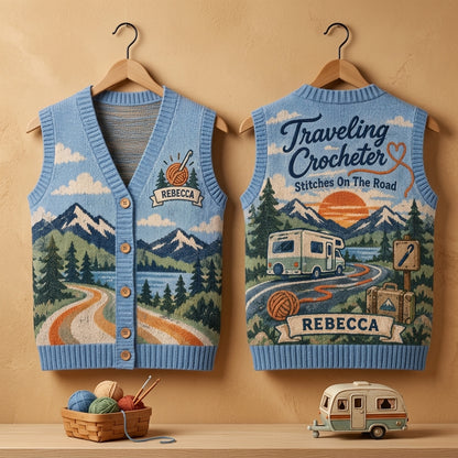 Personalized Traveling Crocheter Cardigan Vest - Custom Name Knit-Look Layer for RV Travel - mockup 3