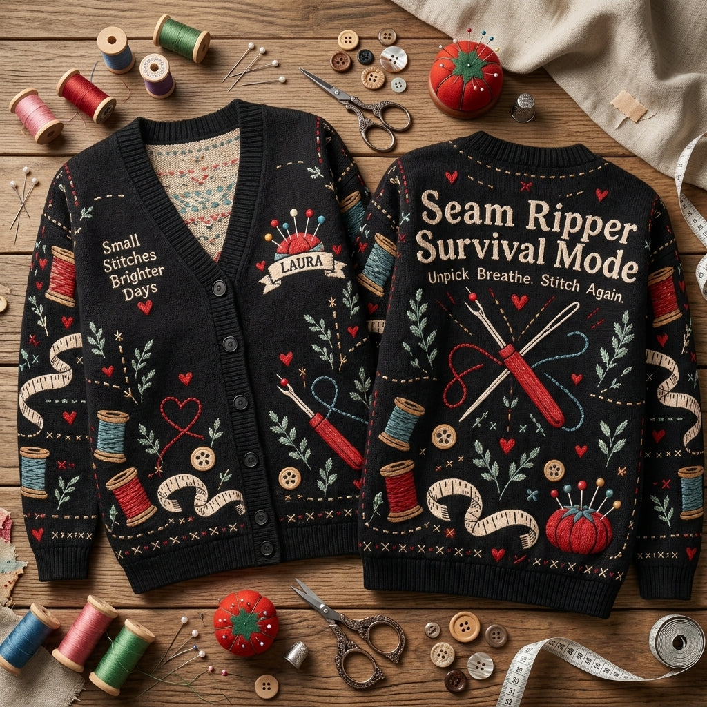 Custom Seam Ripper Survival Mode Cardigan – Personalized Sewing Gift for Quilters - mockup 2