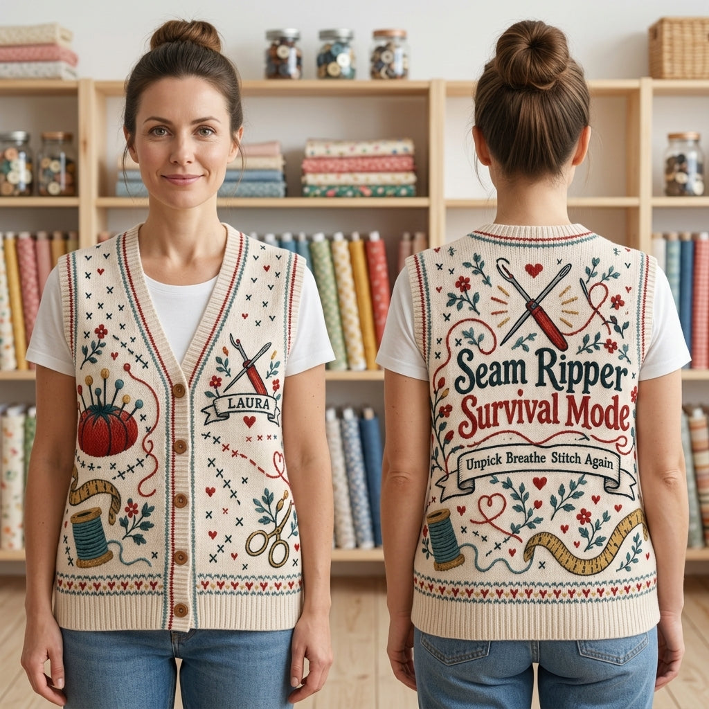 Personalized Seam Ripper Survival Cardigan Vest – Gift for Quilters & Sewists - mockup 1