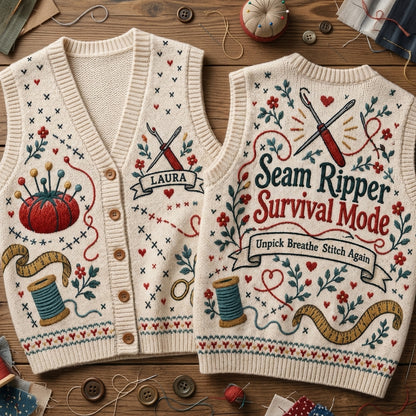 Personalized Seam Ripper Survival Cardigan Vest – Gift for Quilters & Sewists - mockup 2