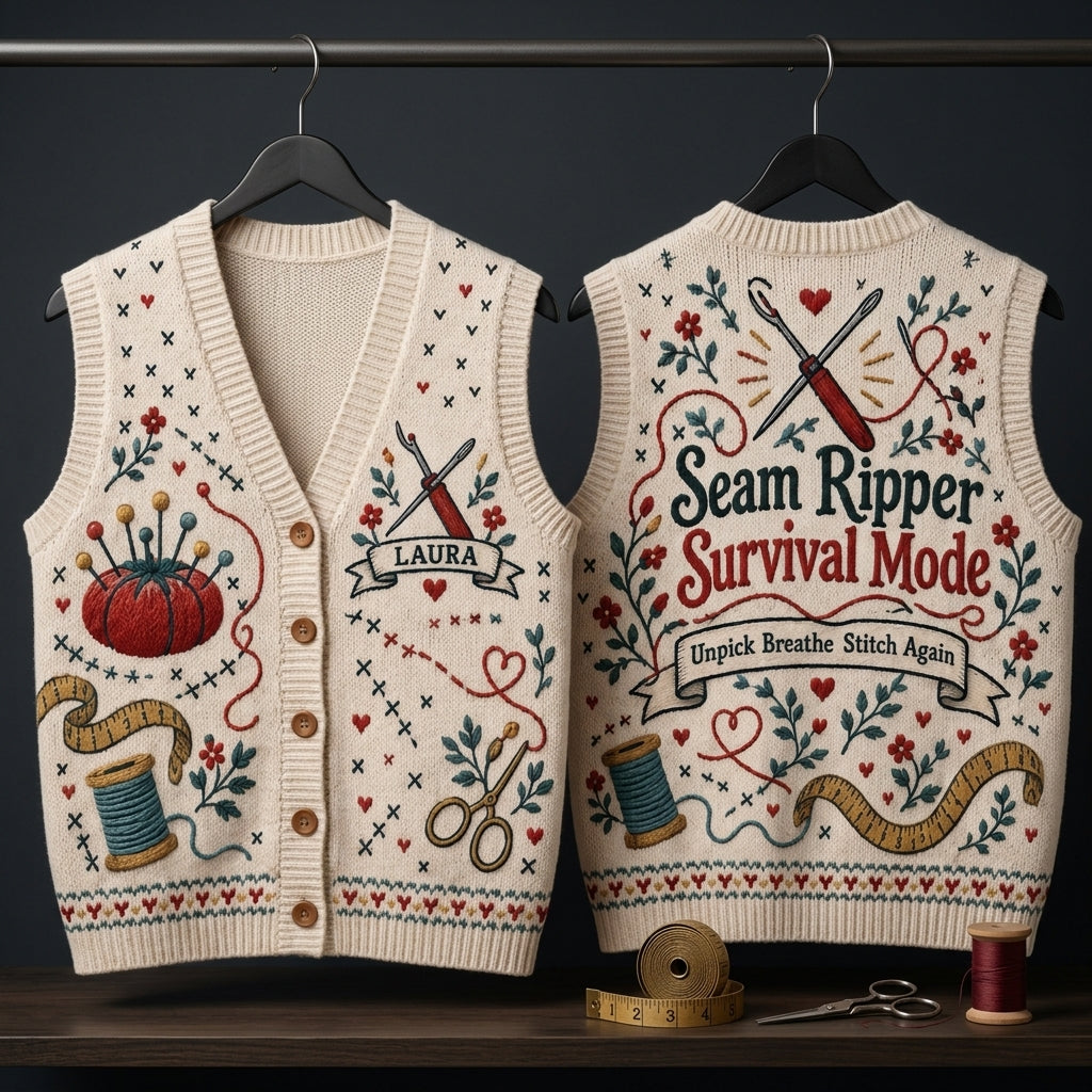 Personalized Seam Ripper Survival Cardigan Vest – Gift for Quilters & Sewists - mockup 3