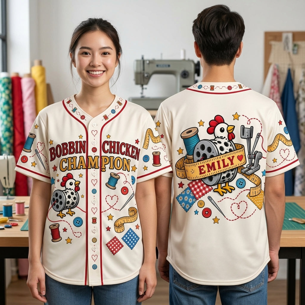 Custom Bobbin Chicken Champion Baseball Jersey for Quilters - mockup 1