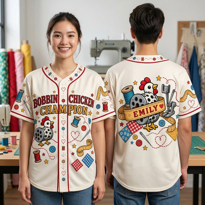 Custom Bobbin Chicken Champion Baseball Jersey for Quilters - mockup 1