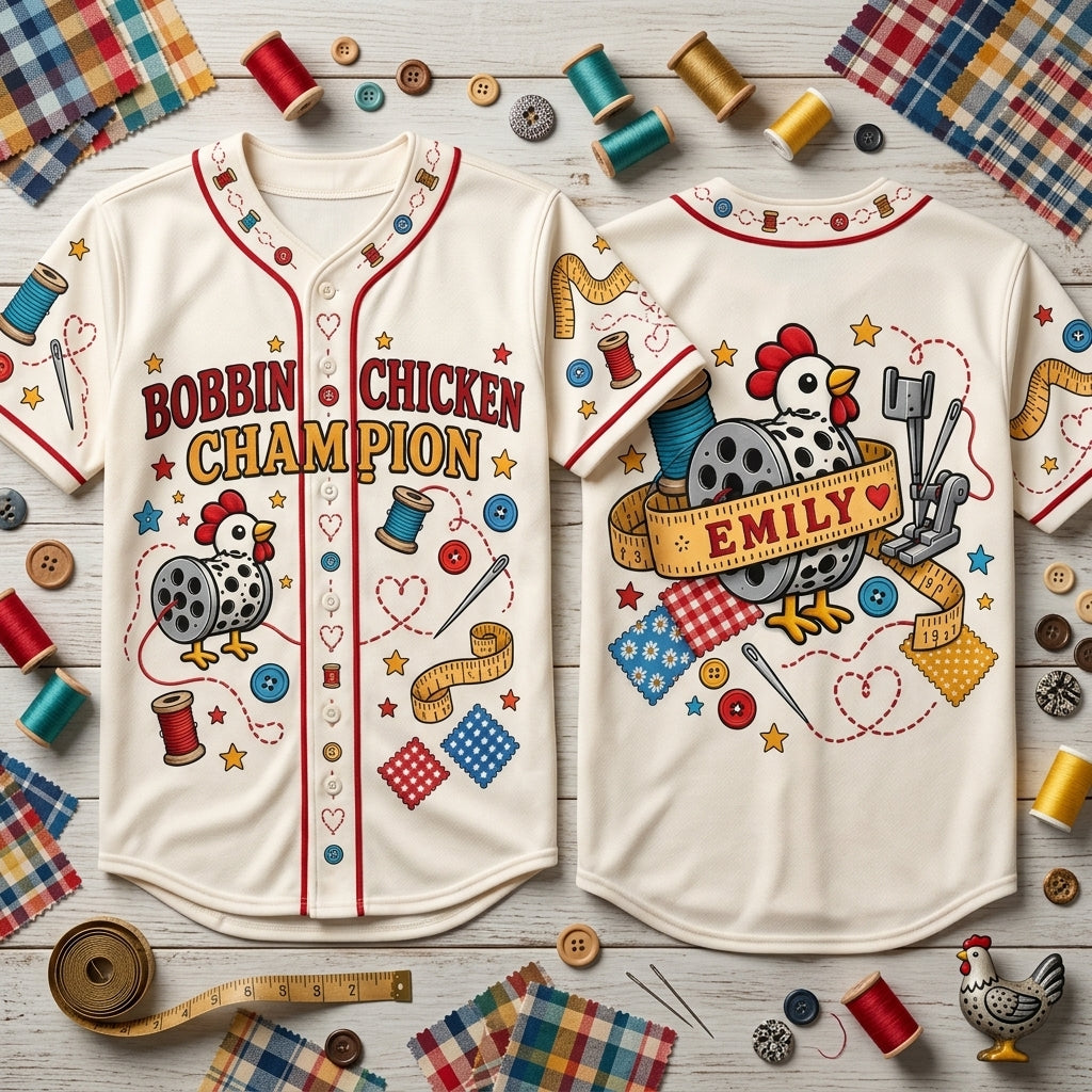 Custom Bobbin Chicken Champion Baseball Jersey for Quilters - mockup 2