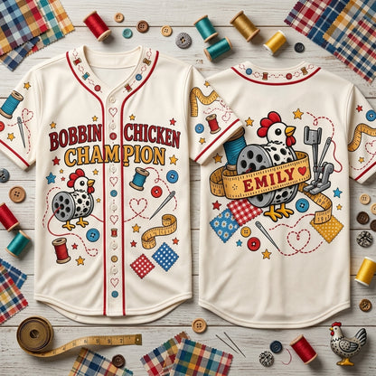 Custom Bobbin Chicken Champion Baseball Jersey for Quilters - mockup 2