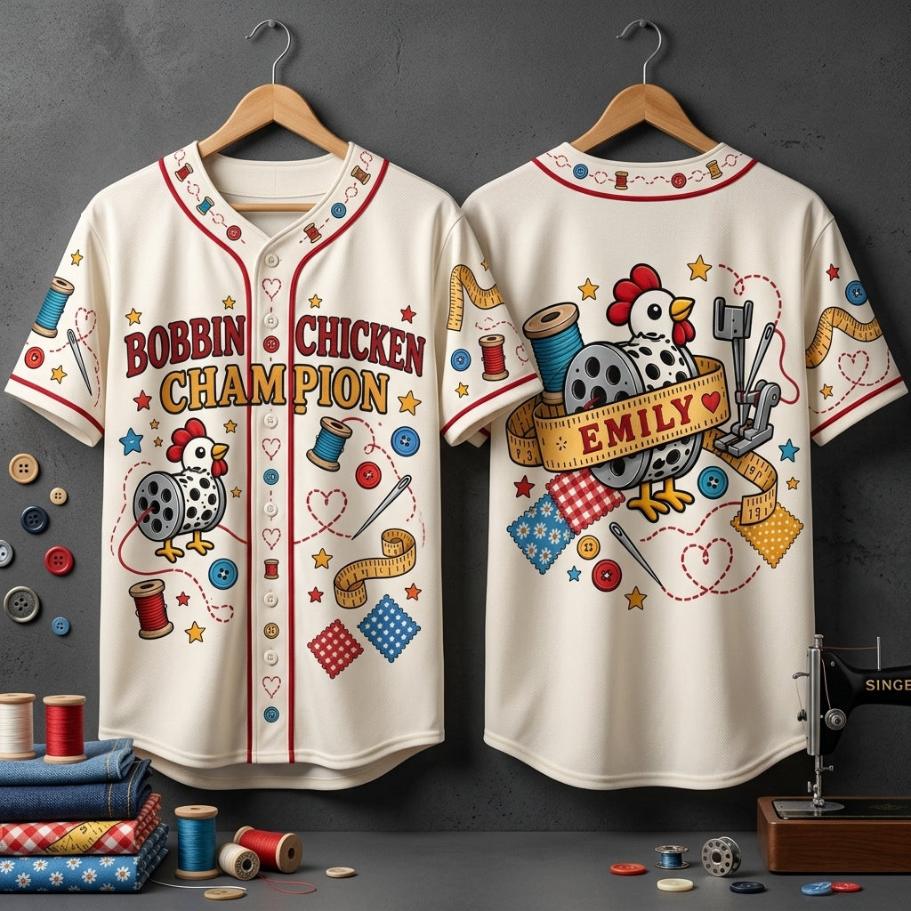 Custom Bobbin Chicken Champion Baseball Jersey for Quilters - mockup 3