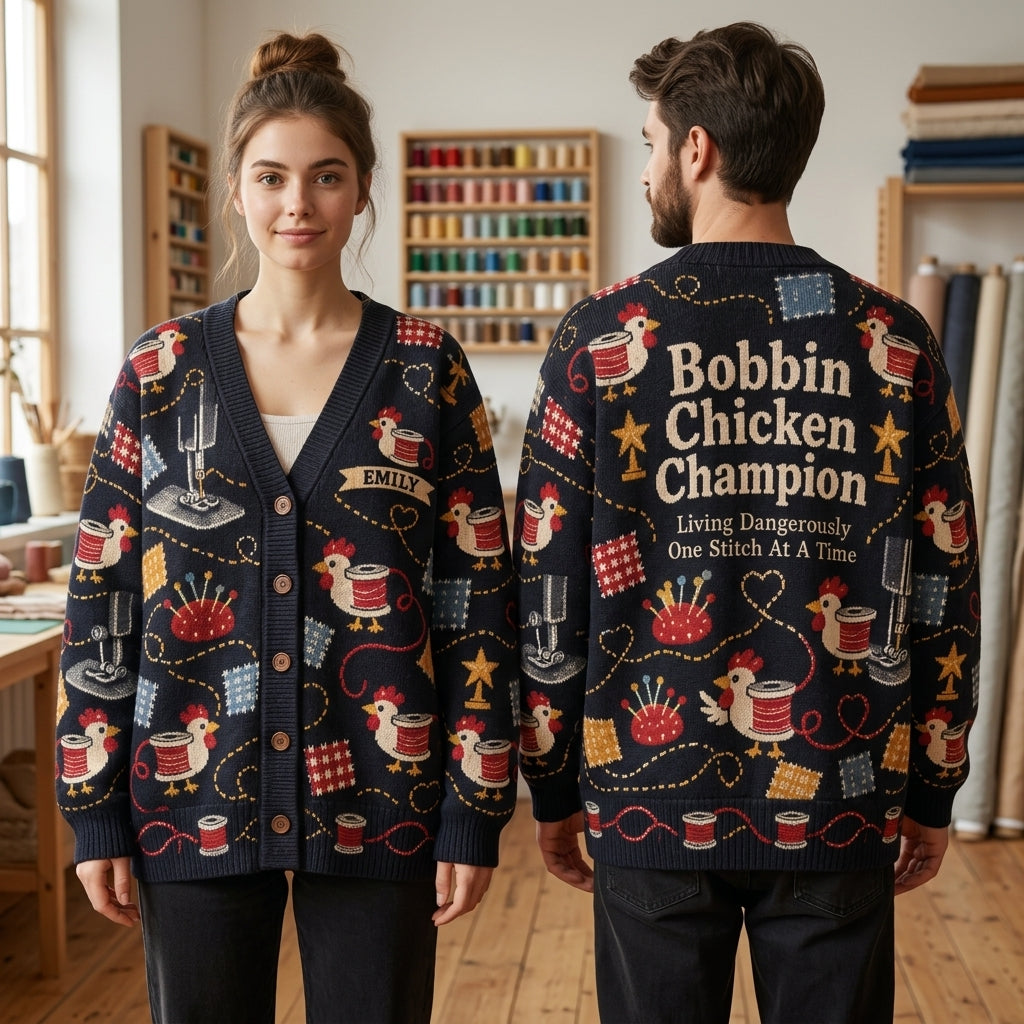Personalized Bobbin Chicken Champion Cardigan – Funny Sewing Gift for Quilters - mockup 1