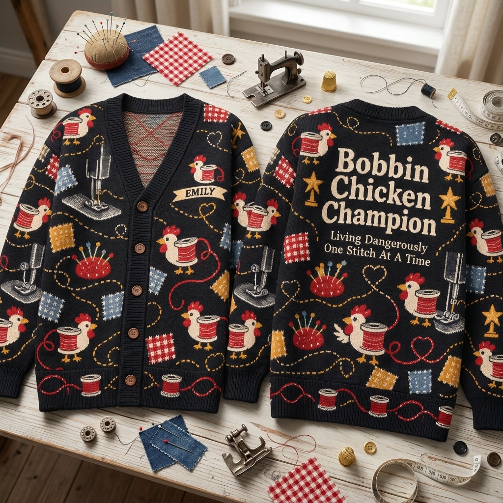 Personalized Bobbin Chicken Champion Cardigan – Funny Sewing Gift for Quilters - mockup 2