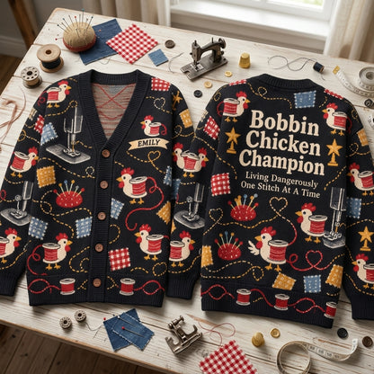 Personalized Bobbin Chicken Champion Cardigan – Funny Sewing Gift for Quilters - mockup 2