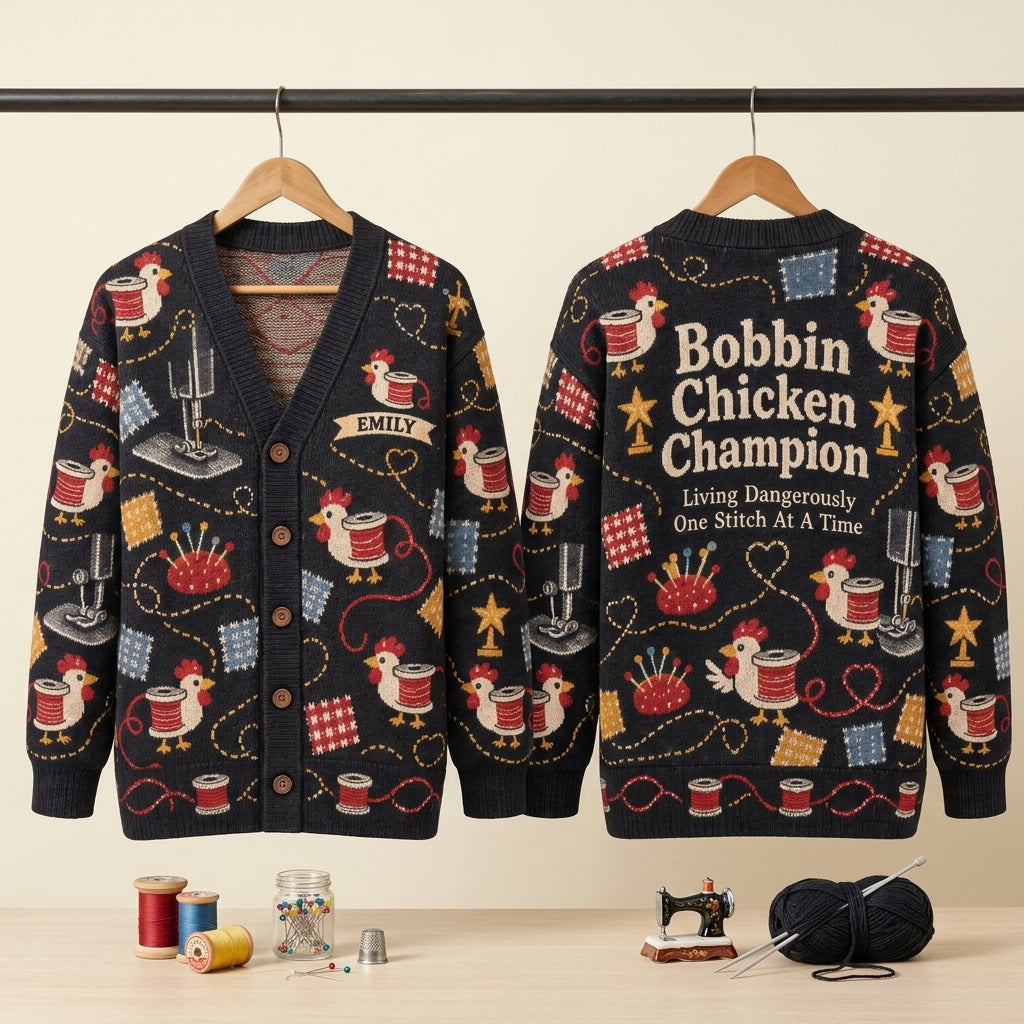 Personalized Bobbin Chicken Champion Cardigan – Funny Sewing Gift for Quilters - mockup 3