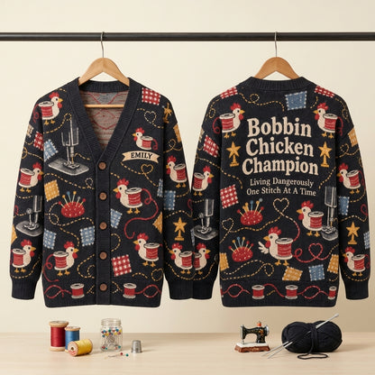 Personalized Bobbin Chicken Champion Cardigan – Funny Sewing Gift for Quilters - mockup 3
