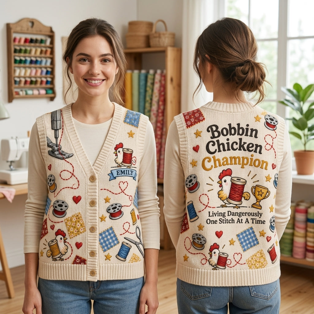 Custom Bobbin Chicken Sewing Enthusiast Cardigan Vest – Gift for Quilters - mockup 1