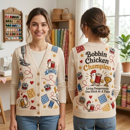 Custom Bobbin Chicken Sewing Enthusiast Cardigan Vest – Gift for Quilters - mockup 1