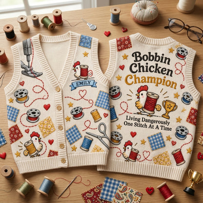 Custom Bobbin Chicken Sewing Enthusiast Cardigan Vest – Gift for Quilters - mockup 2