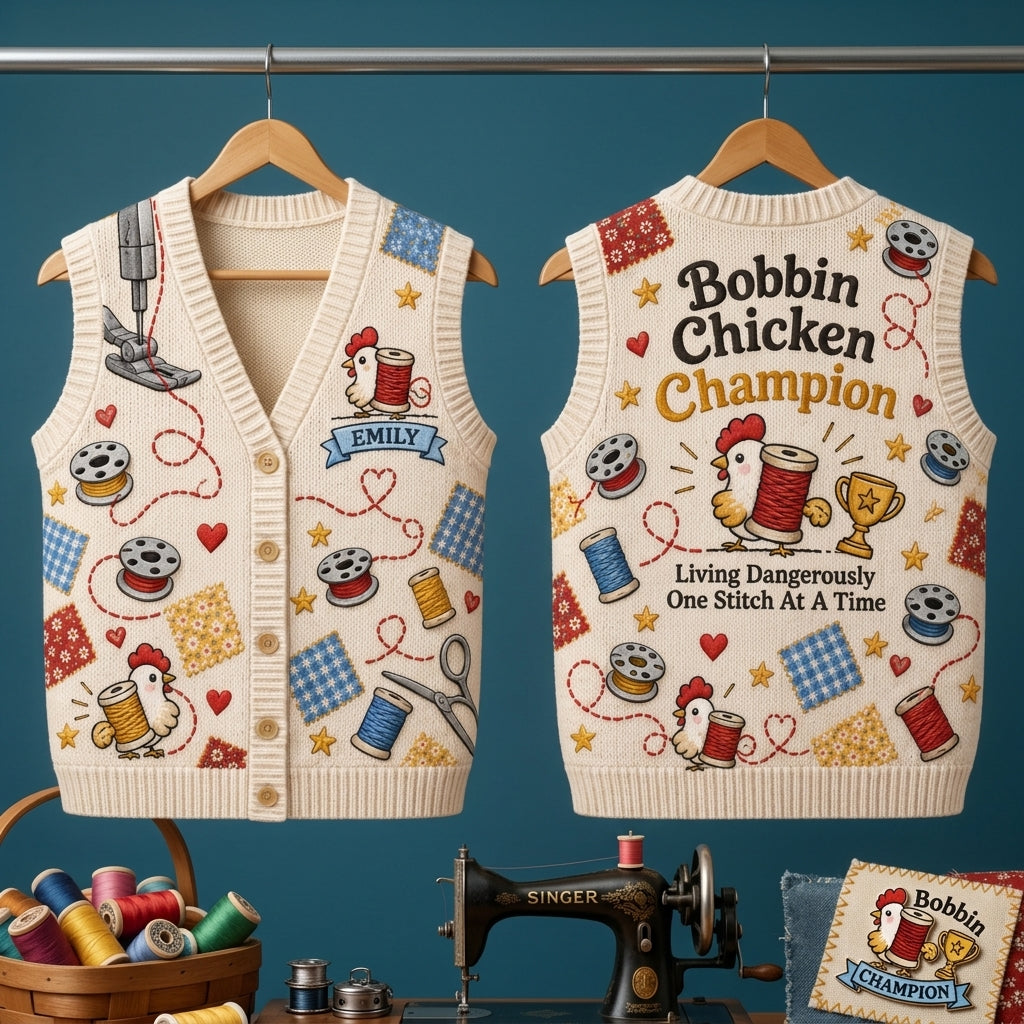 Custom Bobbin Chicken Sewing Enthusiast Cardigan Vest – Gift for Quilters - mockup 3