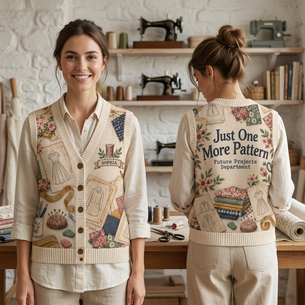 Personalized Sewing Pattern Collector Cardigan Vest - Future Projects Department Gift - mockup 1