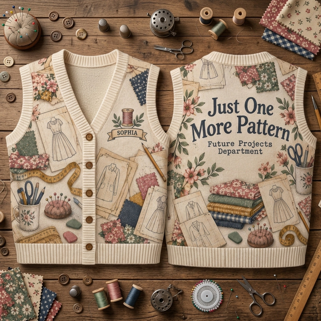 Personalized Sewing Pattern Collector Cardigan Vest - Future Projects Department Gift - mockup 2