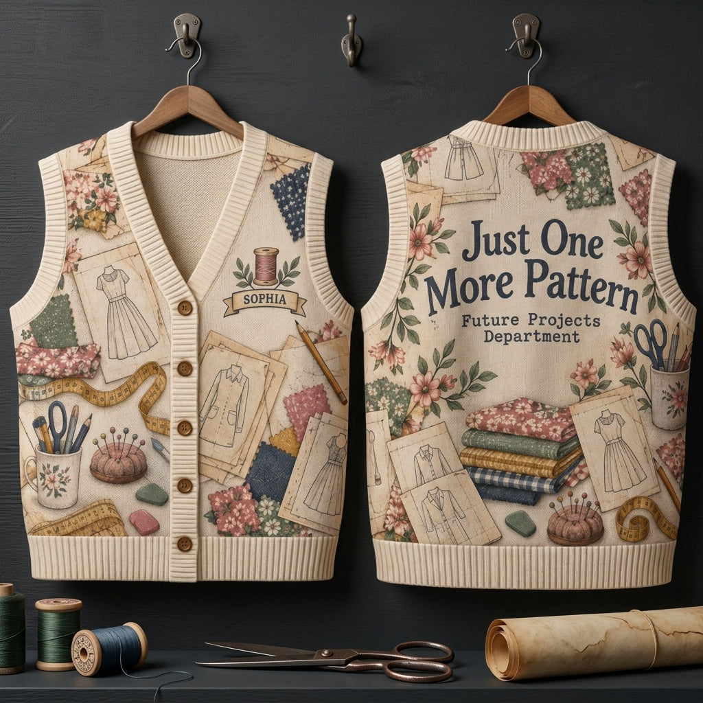 Personalized Sewing Pattern Collector Cardigan Vest - Future Projects Department Gift - mockup 3