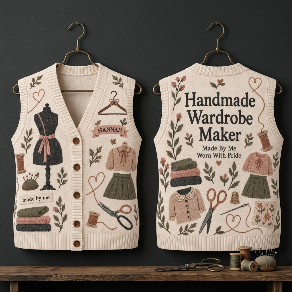 Personalized Handmade Wardrobe Maker Cardigan Vest for Sewing Enthusiasts - mockup 3