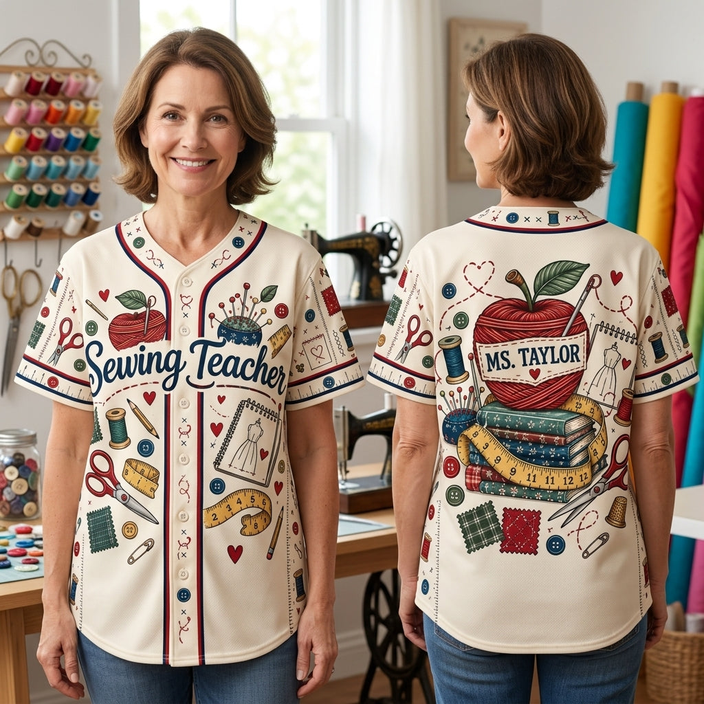 Personalized Sewing Teacher Baseball Jersey - Custom Name Gift for Sewists & Crafters - mockup 1