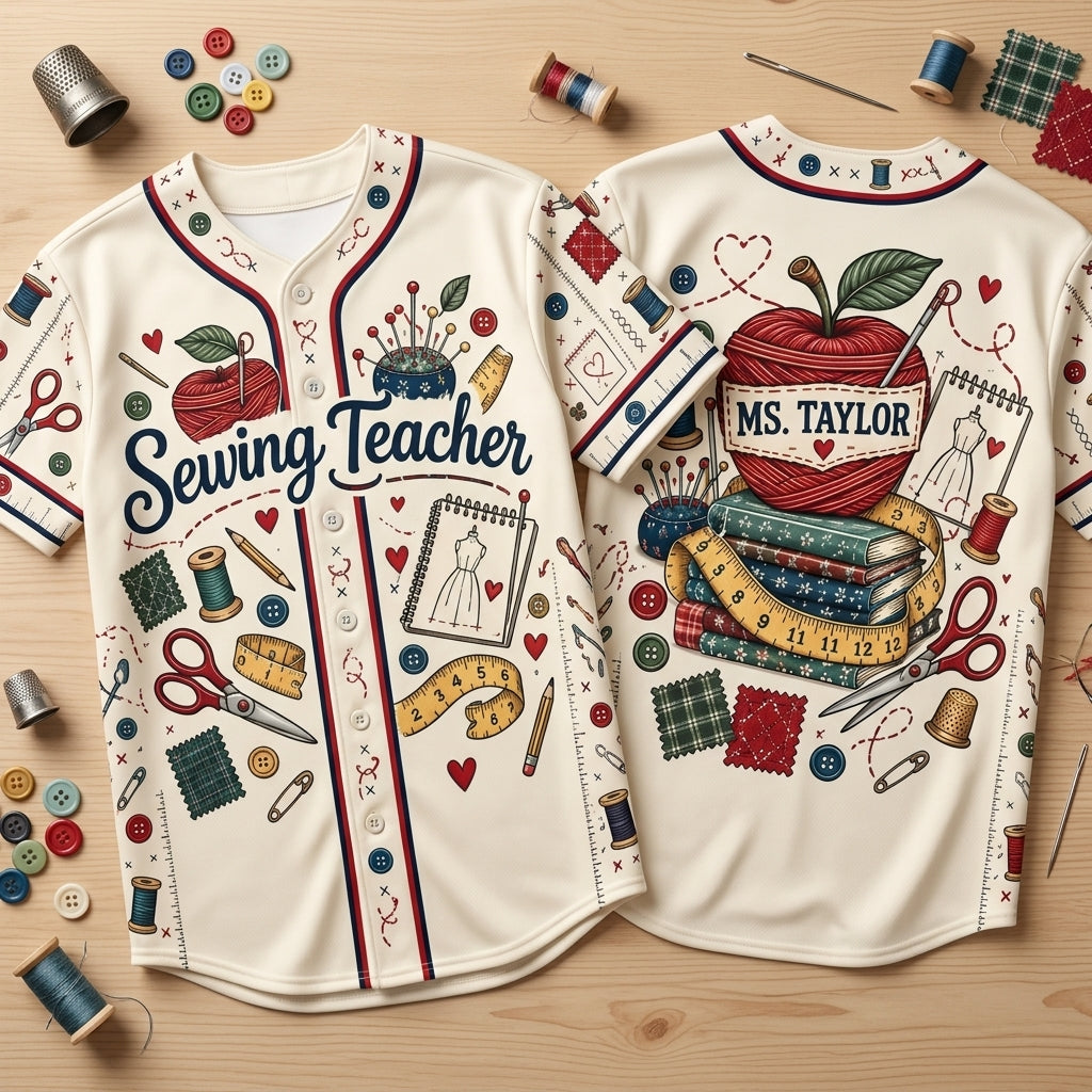 Personalized Sewing Teacher Baseball Jersey - Custom Name Gift for Sewists & Crafters - mockup 2