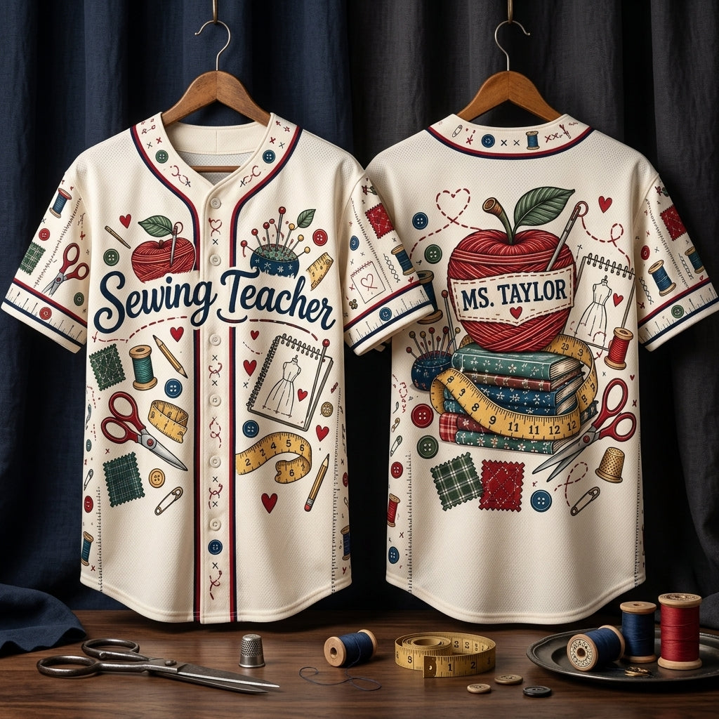 Personalized Sewing Teacher Baseball Jersey - Custom Name Gift for Sewists & Crafters - mockup 3