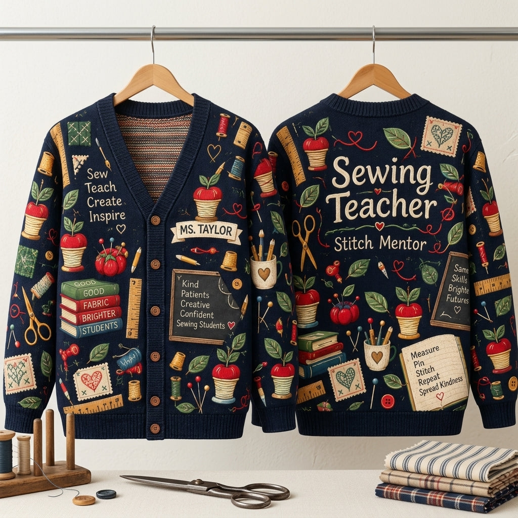 Personalized Sewing Teacher All-Over Print Cardigan – Custom Gift for Stitch Mentors - mockup 3