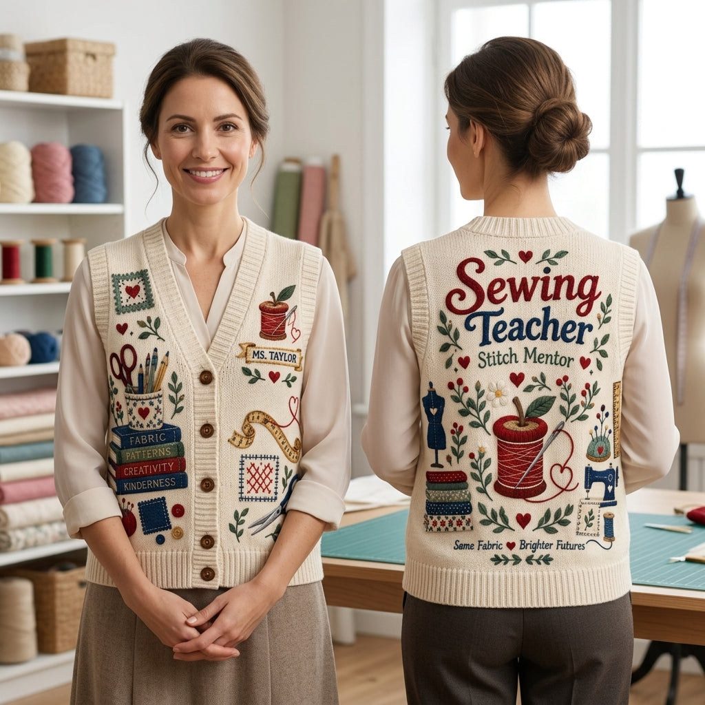 Personalized Sewing Teacher Cardigan Vest - Custom Stitch Mentor Appreciation Gift - mockup 1