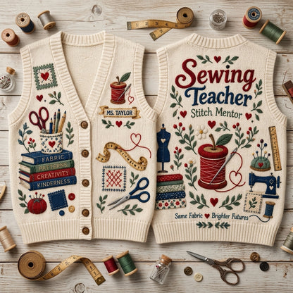 Personalized Sewing Teacher Cardigan Vest - Custom Stitch Mentor Appreciation Gift - mockup 2