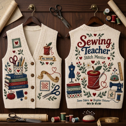 Personalized Sewing Teacher Cardigan Vest - Custom Stitch Mentor Appreciation Gift - mockup 3
