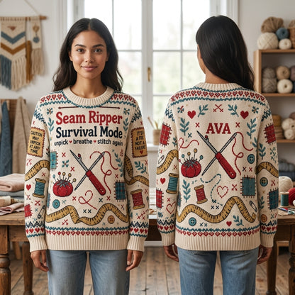 Personalized Seam Ripper Survival Mode Ugly Sweater – Gift for Quilters & Sewists - mockup 1