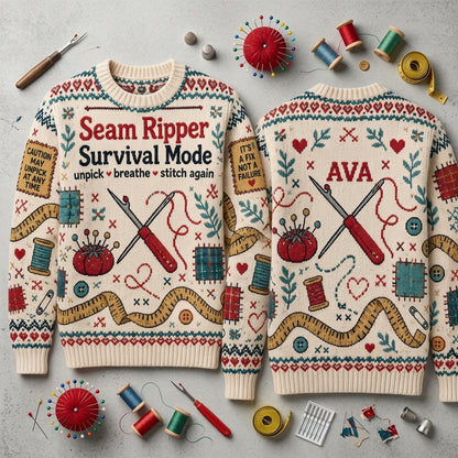 Personalized Seam Ripper Survival Mode Ugly Sweater – Gift for Quilters & Sewists - mockup 2