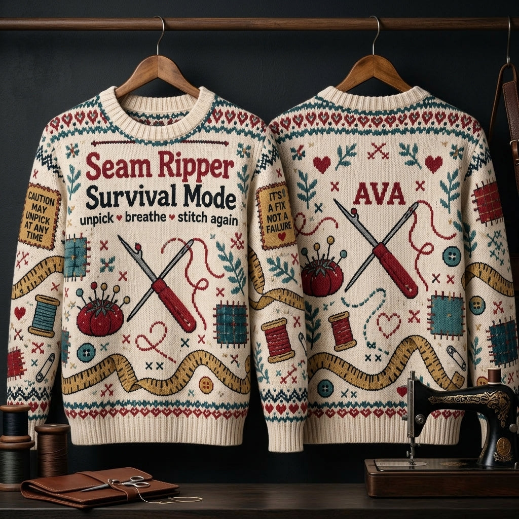 Personalized Seam Ripper Survival Mode Ugly Sweater – Gift for Quilters & Sewists - mockup 3
