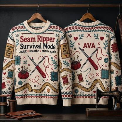 Personalized Seam Ripper Survival Mode Ugly Sweater – Gift for Quilters & Sewists - mockup 3