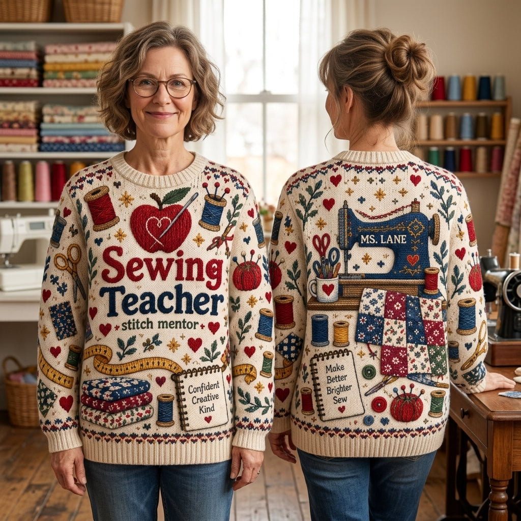 Personalized Sewing Teacher Ugly Sweater - Custom Gift for Stitch Mentors - mockup 1