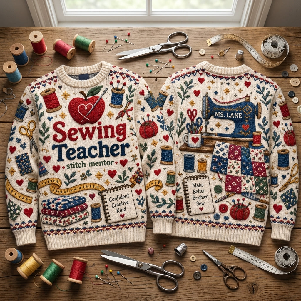 Personalized Sewing Teacher Ugly Sweater - Custom Gift for Stitch Mentors - mockup 2