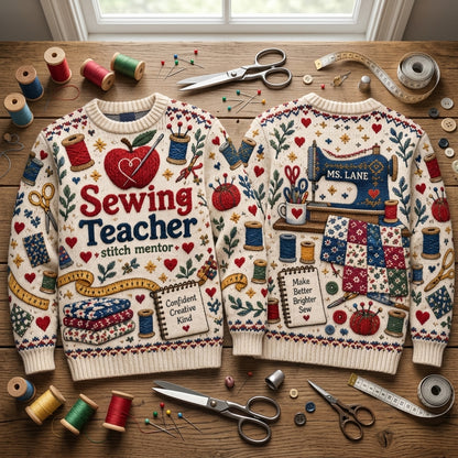 Personalized Sewing Teacher Ugly Sweater - Custom Gift for Stitch Mentors - mockup 2
