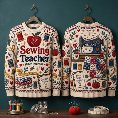 Personalized Sewing Teacher Ugly Sweater - Custom Gift for Stitch Mentors - mockup 3