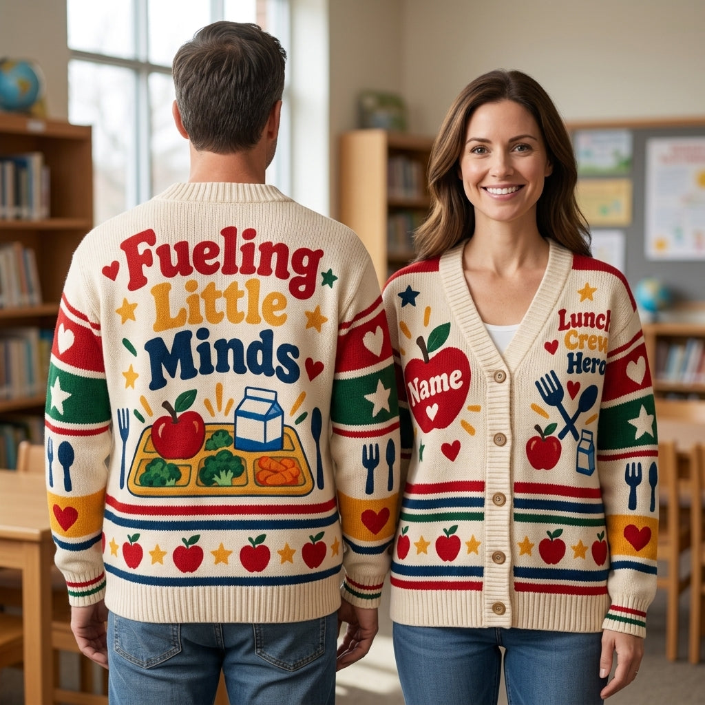 Personalized School Lunch Hero Knitted Cardigan – Fueling Little Minds Gift - mockup 1