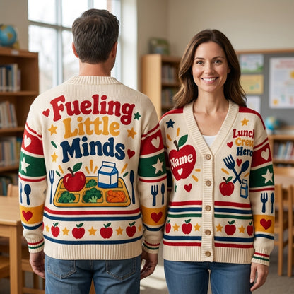 Personalized School Lunch Hero Knitted Cardigan – Fueling Little Minds Gift - mockup 1