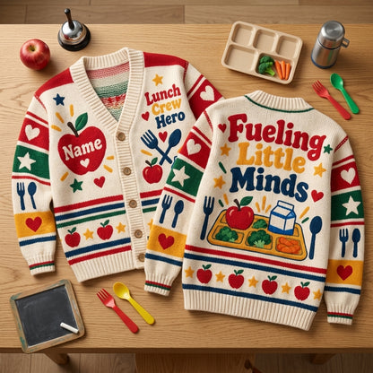 Personalized School Lunch Hero Knitted Cardigan – Fueling Little Minds Gift - mockup 2