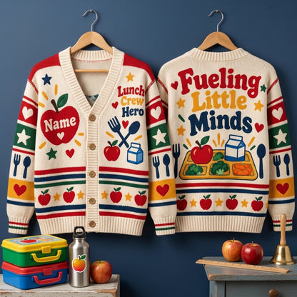 Personalized School Lunch Hero Knitted Cardigan – Fueling Little Minds Gift - mockup 3