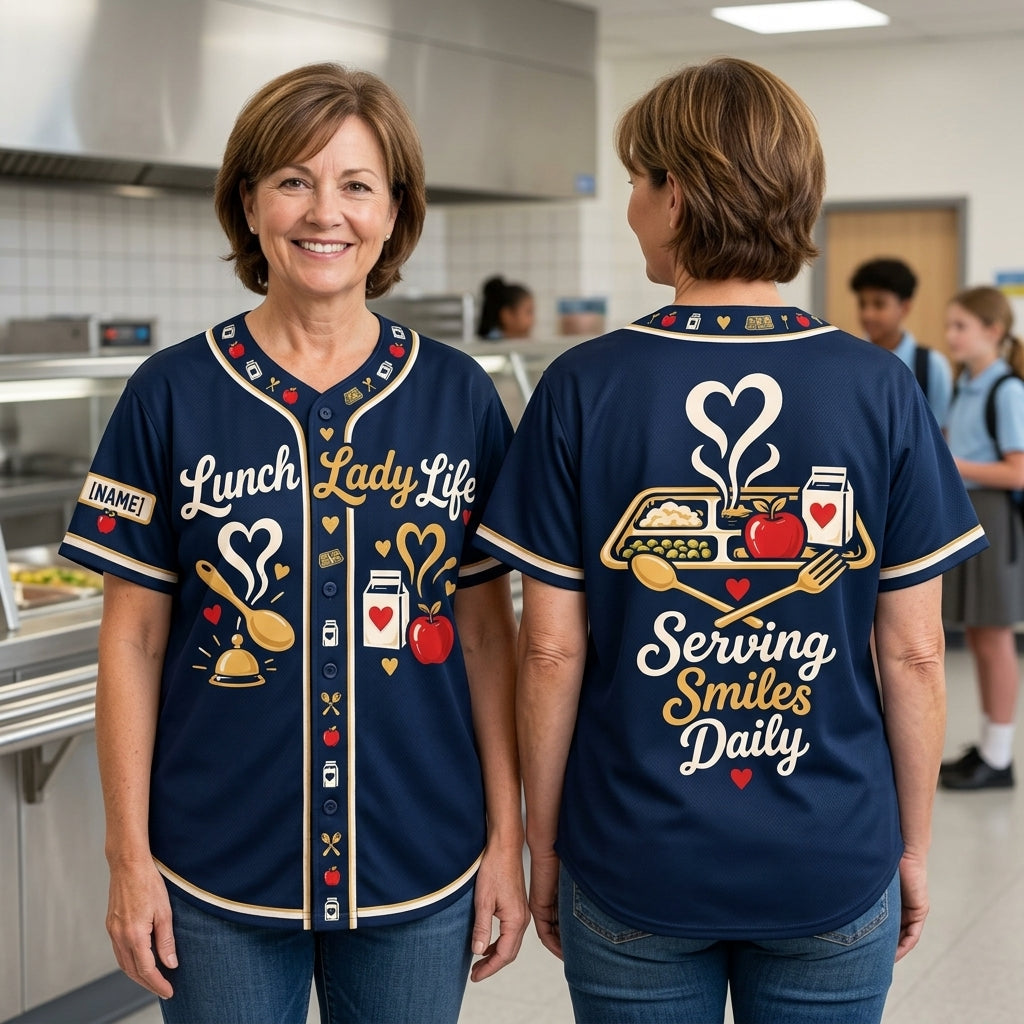 Personalized Lunch Lady Life Baseball Jersey - Serving Smiles Daily School Cafeteria Gift - mockup 1