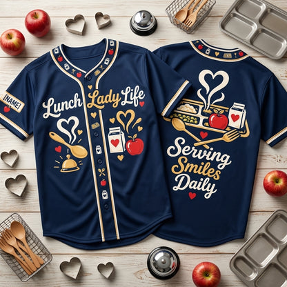 Personalized Lunch Lady Life Baseball Jersey - Serving Smiles Daily School Cafeteria Gift - mockup 2
