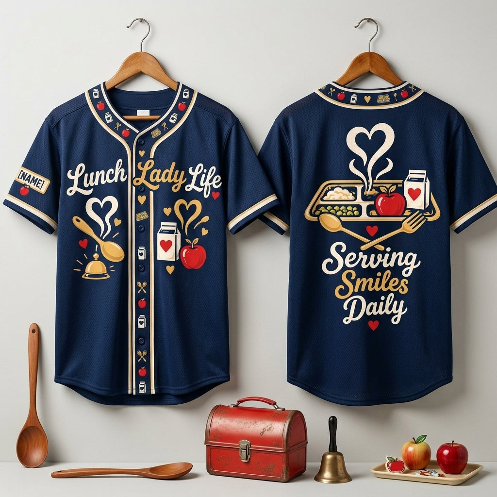 Personalized Lunch Lady Life Baseball Jersey - Serving Smiles Daily School Cafeteria Gift - mockup 3