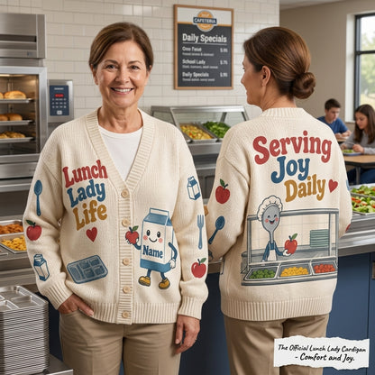 Personalized Lunch Lady Life Knitted Cardigan – School Cafeteria Staff Appreciation Gift - mockup 1
